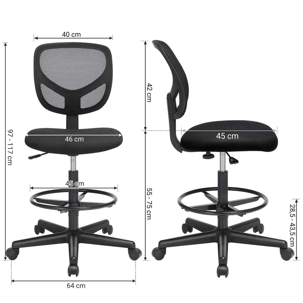 Ergonomischer Bürostuhl hoch – mit verstellbarer Fußstütze – ohne Armlehnen