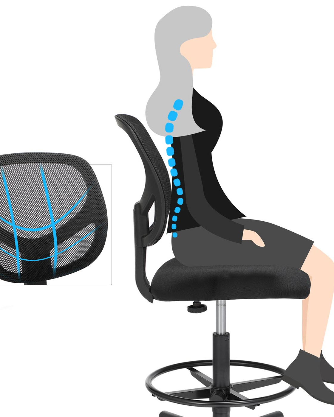 Ergonomischer Bürostuhl hoch – mit verstellbarer Fußstütze – ohne Armlehnen
