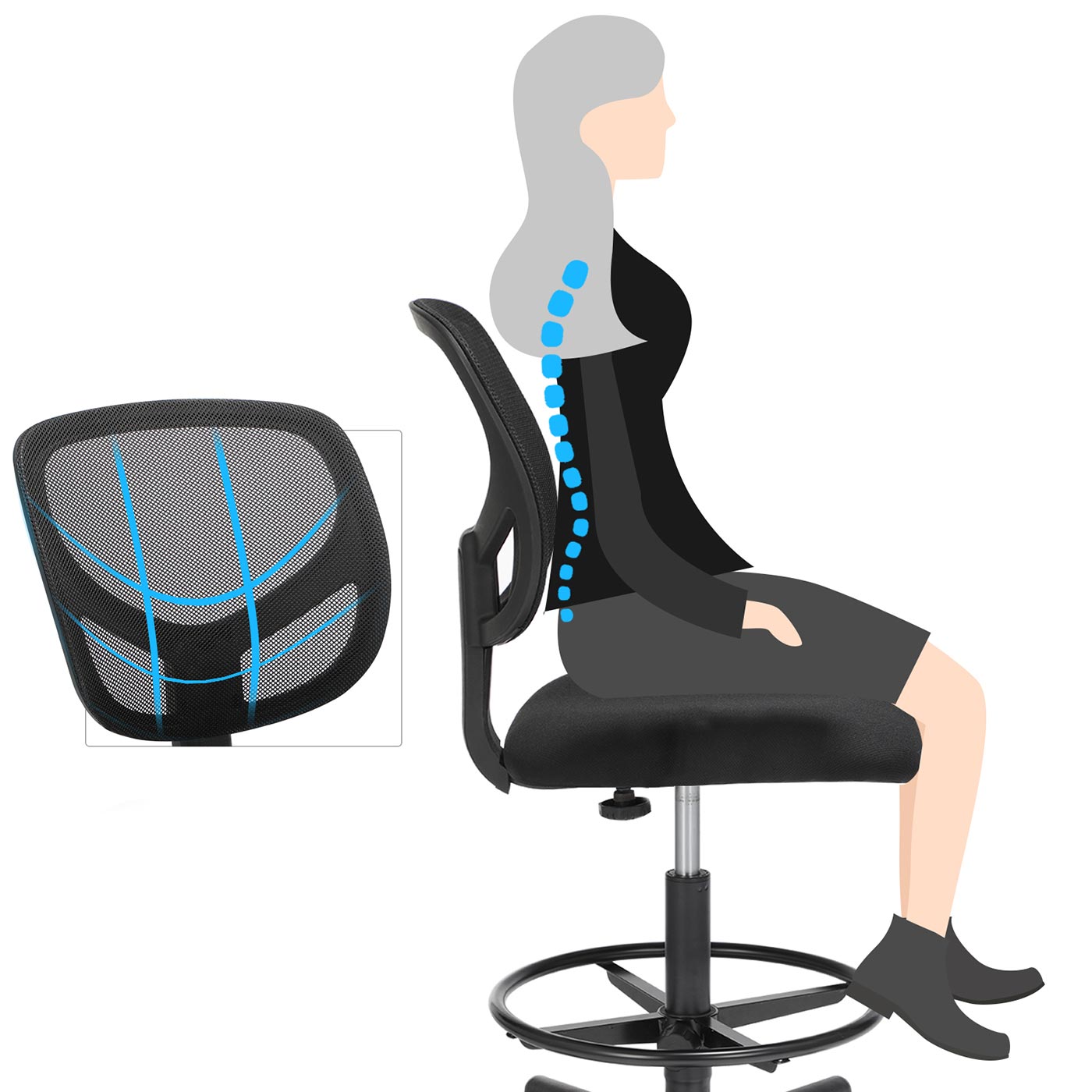 Ergonomischer Bürostuhl hoch – mit verstellbarer Fußstütze – ohne Armlehnen