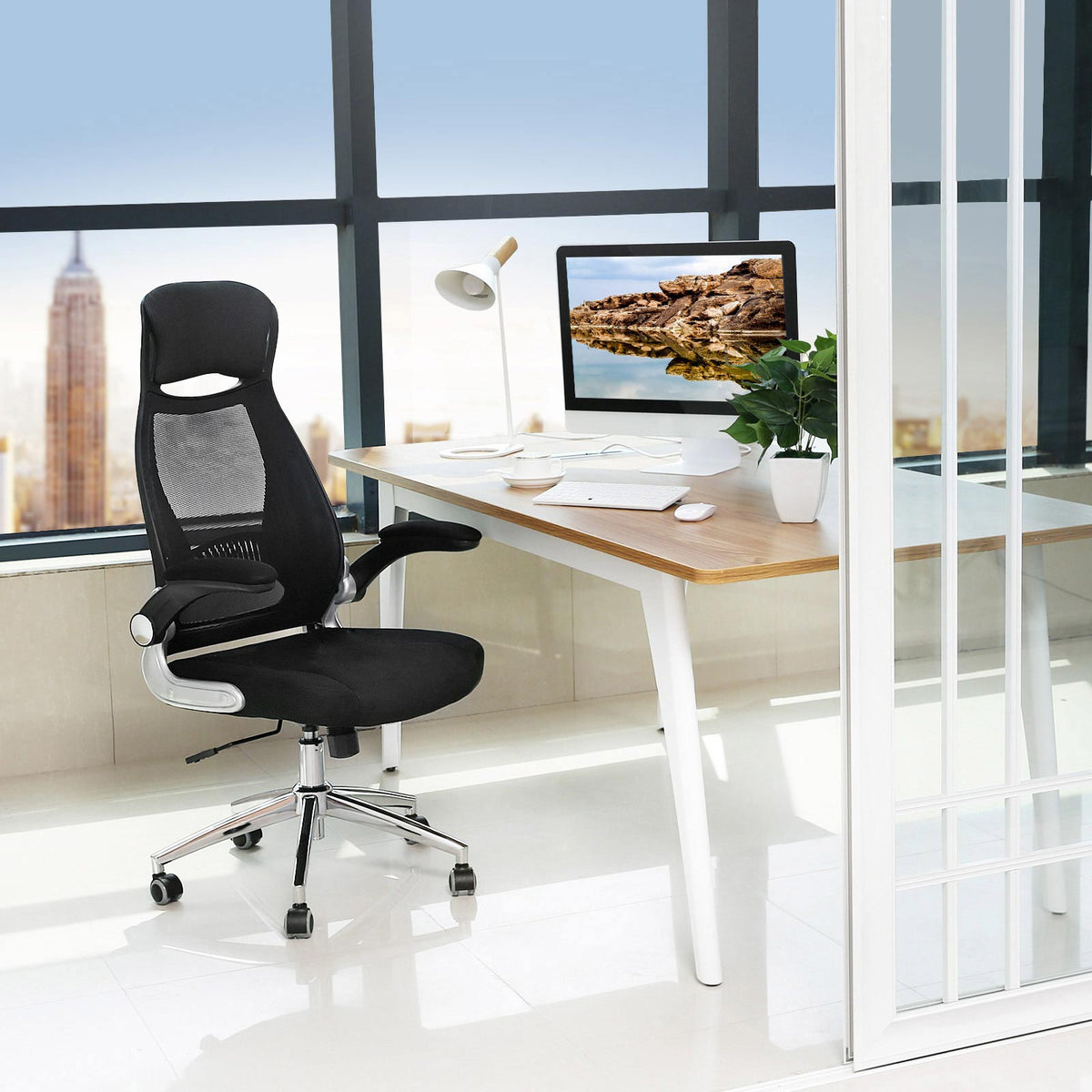 Ergonomischer Bürostuhl Schwarz – Mit Netzrückenlehne, Kopfstütze & klappbaren Armlehnen – Bis 150 kg belastbar
