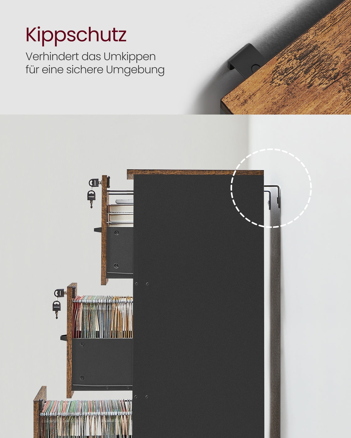 Aktenschrank schmal – mit 3 Schubladen und Schloss – platzsparend – für das Homeoffice