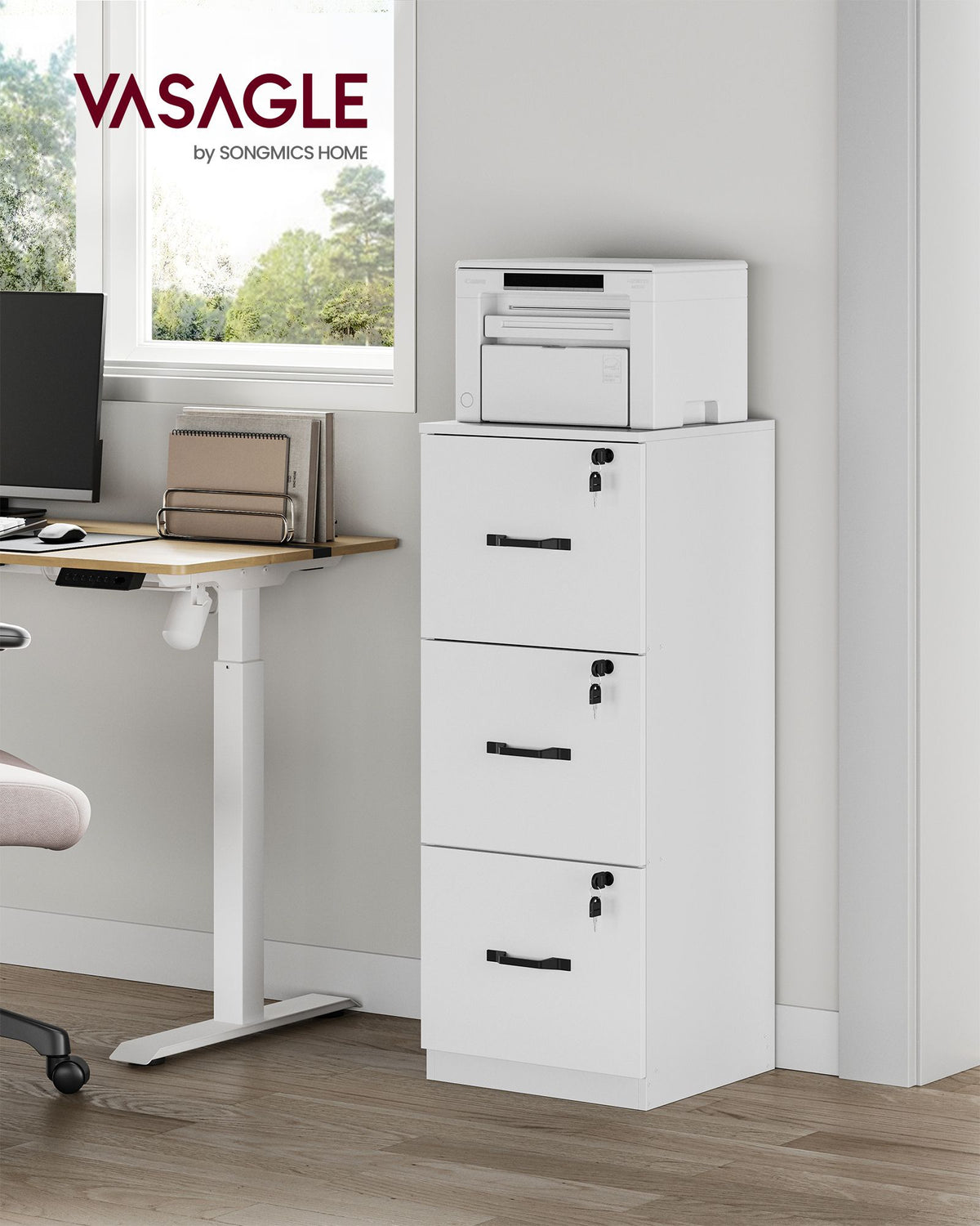 Aktenschrank schmal – mit 3 Schubladen und Schloss – platzsparend – für das Homeoffice