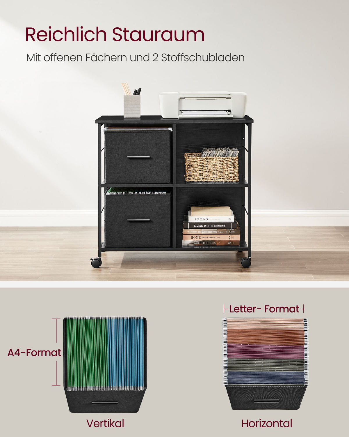 Rollschrank – Büroschrank mit 2 Stoffschubladen und offenen Fächern – Industriestil