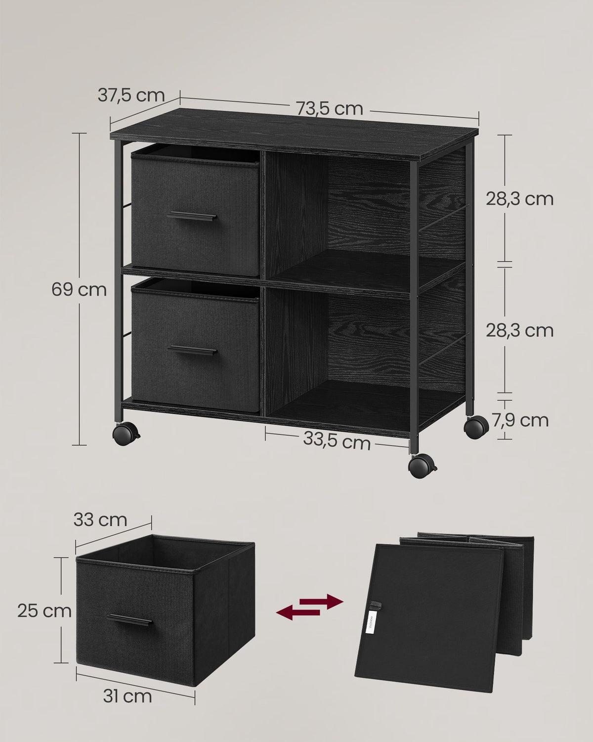 Rollschrank – Büroschrank mit 2 Stoffschubladen und offenen Fächern – Industriestil