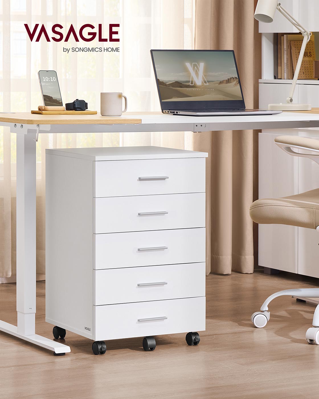 Rollcontainer mit 5 Schubladen – 40 x 42 x 65,7 cm – Weiß