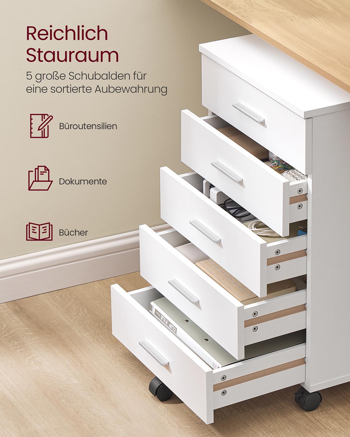 Rollcontainer mit 5 Schubladen – 40 x 42 x 65,7 cm – Weiß
