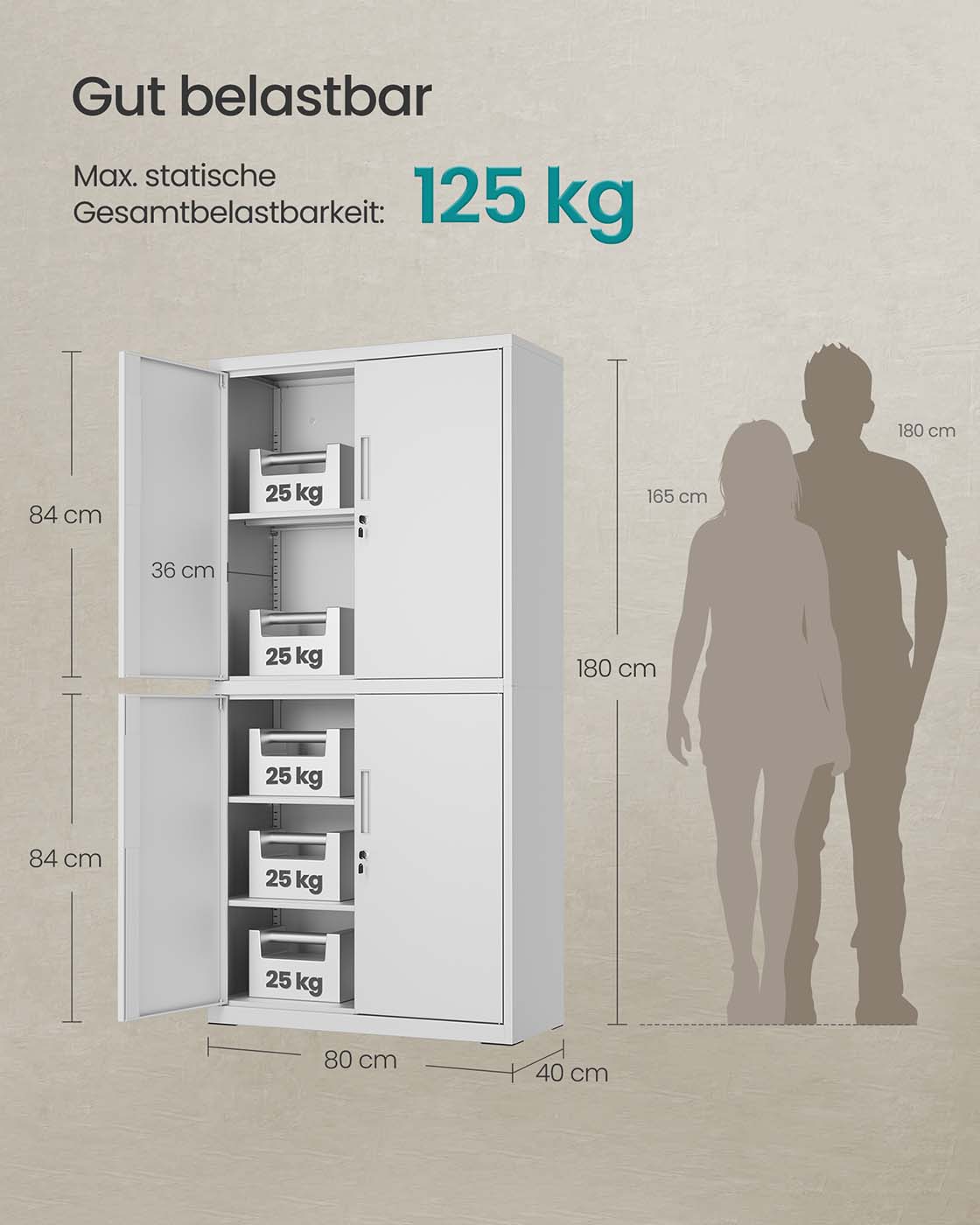Aktenschrank aus Metall – 180 cm hoch – 5 Ebenen mit Türen – verstellbare Böden & Schloss – Tragkraft bis 125 kg
