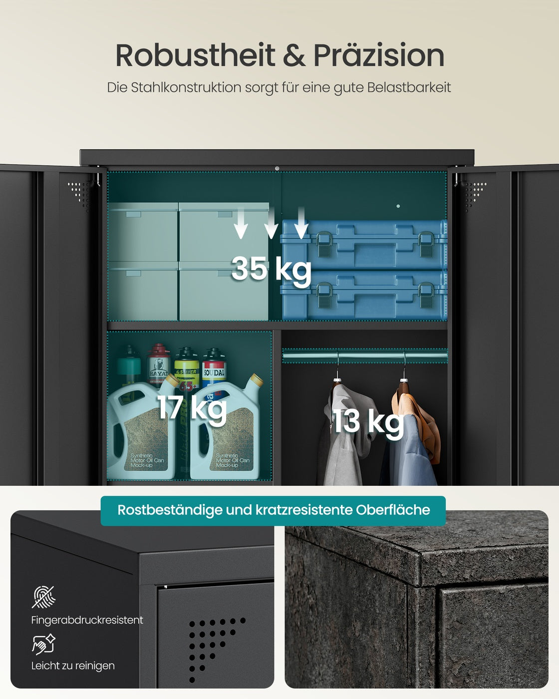 Stahlschrank – Mit Kleiderstange und Regalböden – Abschließbar – Multifunktionaler Schrank