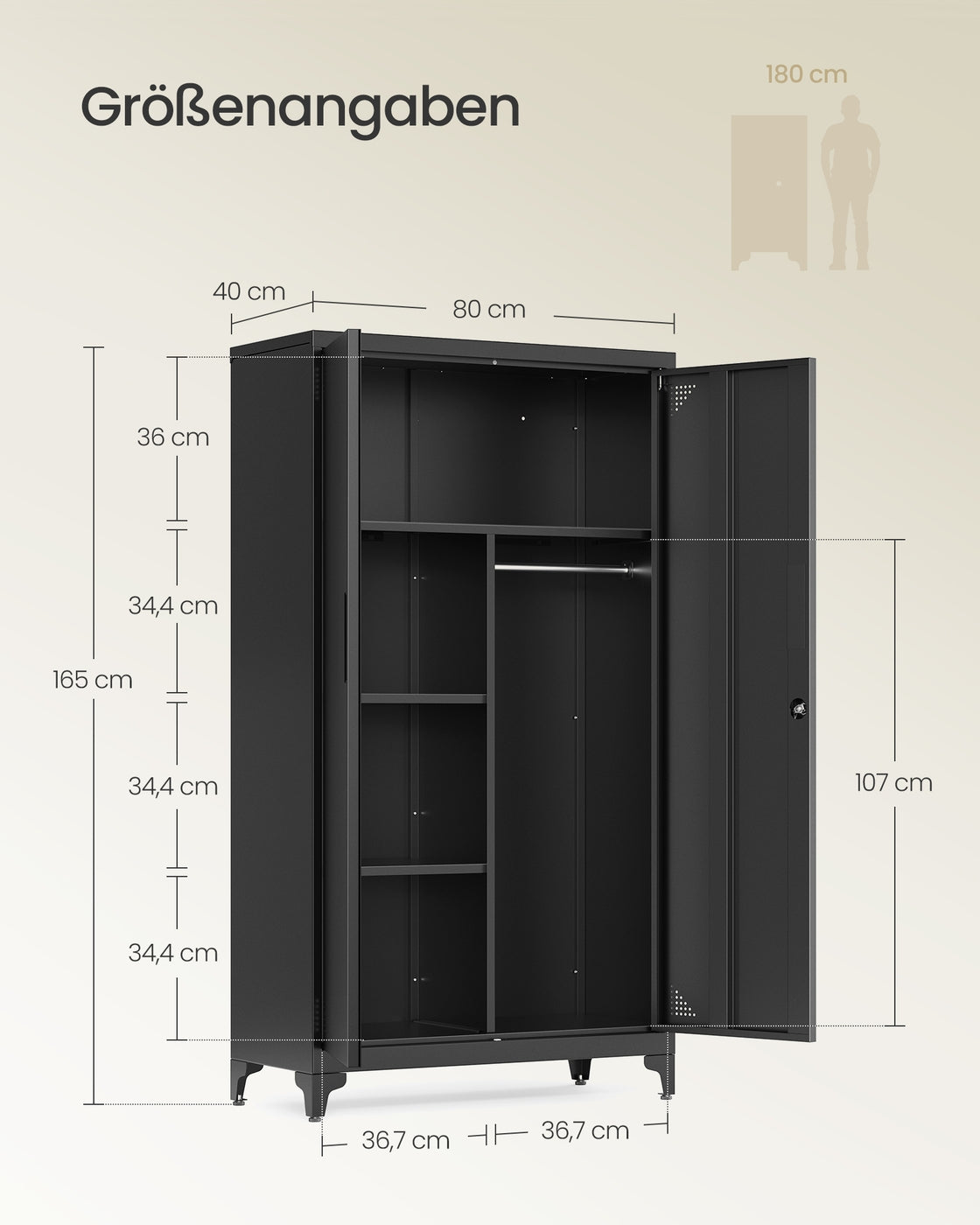 Stahlschrank – Mit Kleiderstange und Regalböden – Abschließbar – Multifunktionaler Schrank