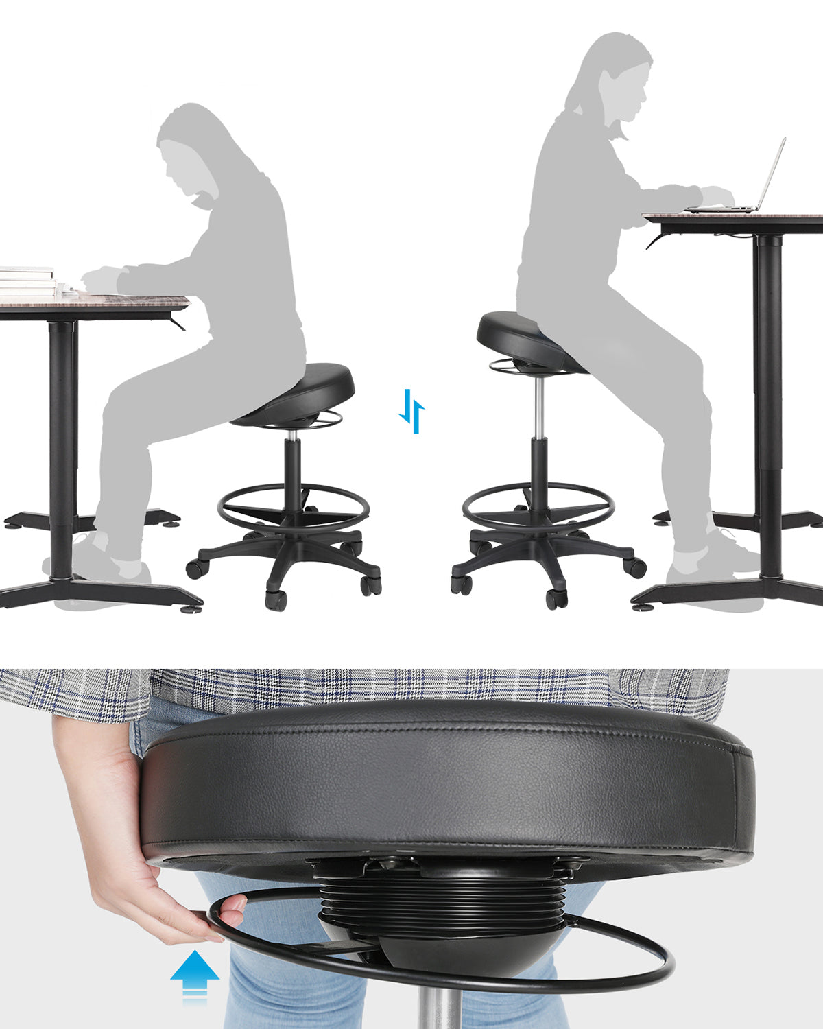 Bürohocker auf Rollen – Verstellbar – 360° Drehbar – Mit Fußstütze – Schwarz – Bequemer Arbeitshocker bis 110 kg