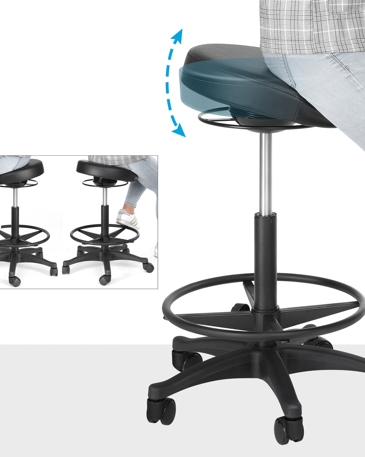 Bürohocker auf Rollen – Verstellbar – 360° Drehbar – Mit Fußstütze – Schwarz – Bequemer Arbeitshocker bis 110 kg