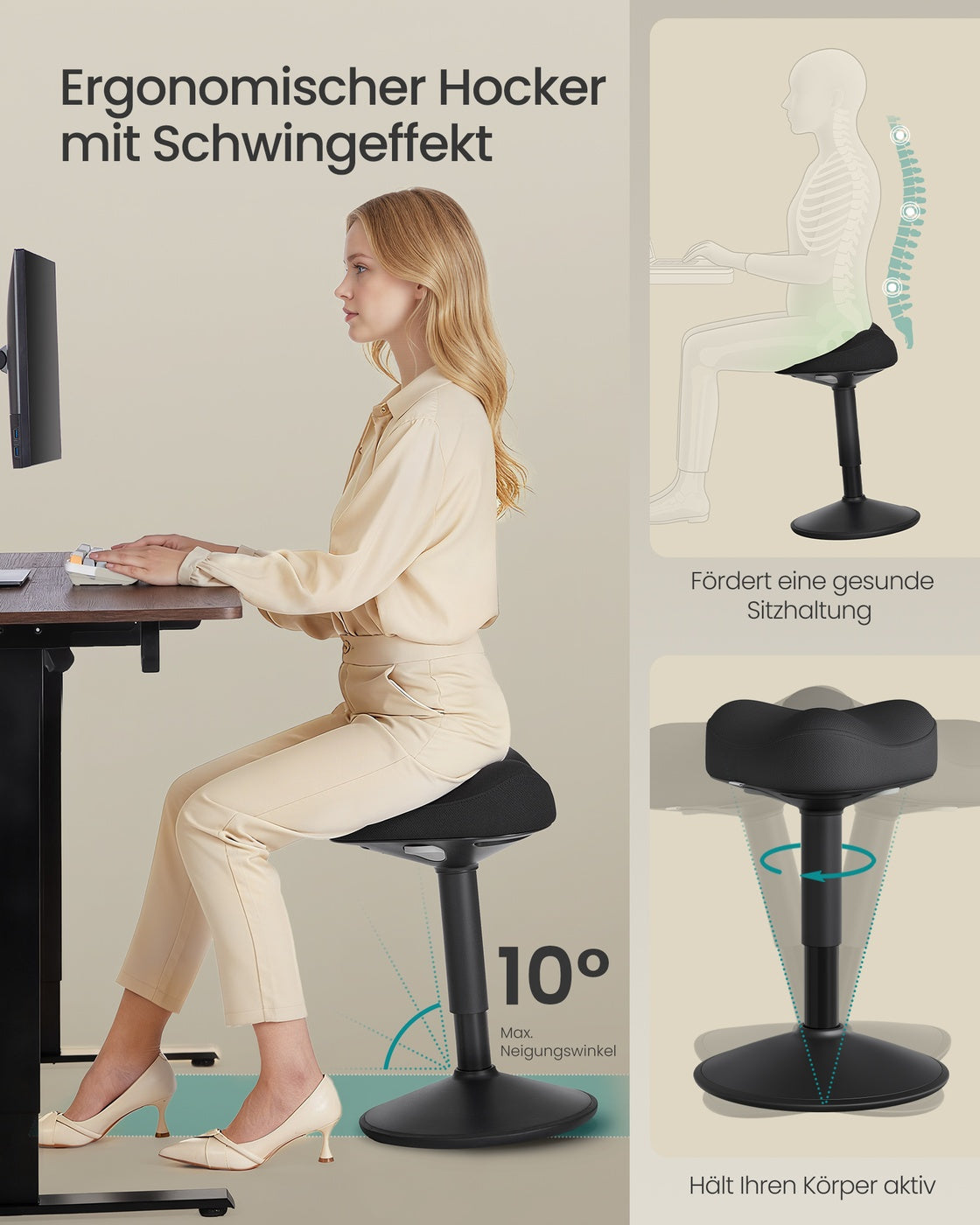 Arbeitshocker – Höhenverstellbarer Stehhocker – 360° Neigbar – Rutschfest – Maximale Tragkraft 130 kg – Abmessungen 36 x 36,5 x (48-65,5) cm