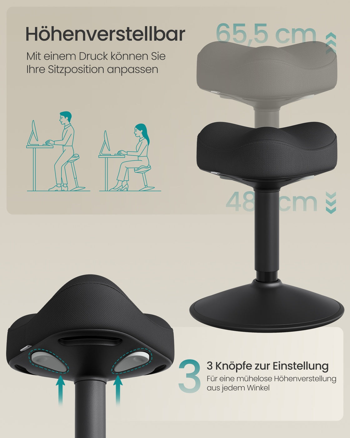 Arbeitshocker – Höhenverstellbarer Stehhocker – 360° Neigbar – Rutschfest – Maximale Tragkraft 130 kg – Abmessungen 36 x 36,5 x (48-65,5) cm