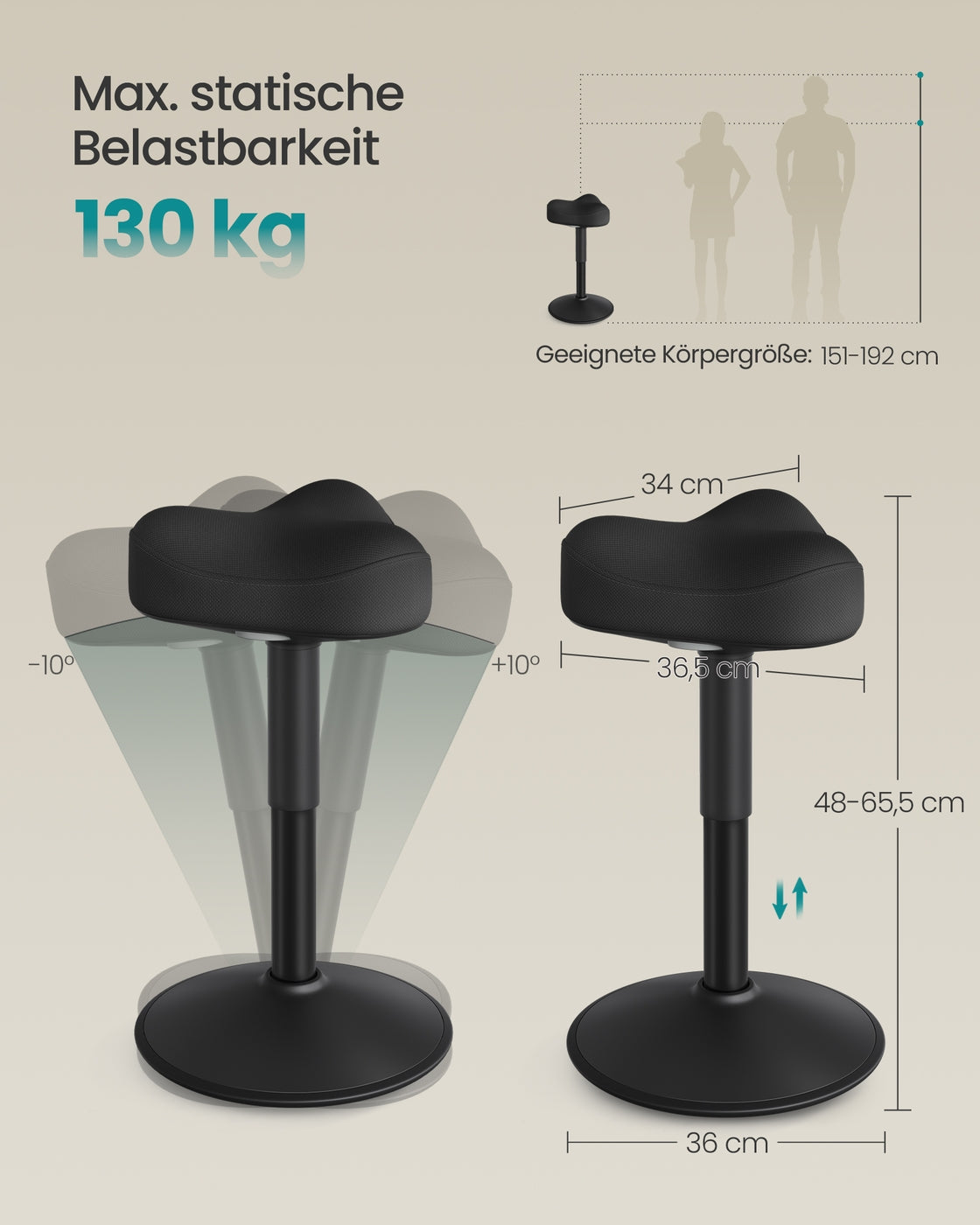 Arbeitshocker – Höhenverstellbarer Stehhocker – 360° Neigbar – Rutschfest – Maximale Tragkraft 130 kg – Abmessungen 36 x 36,5 x (48-65,5) cm