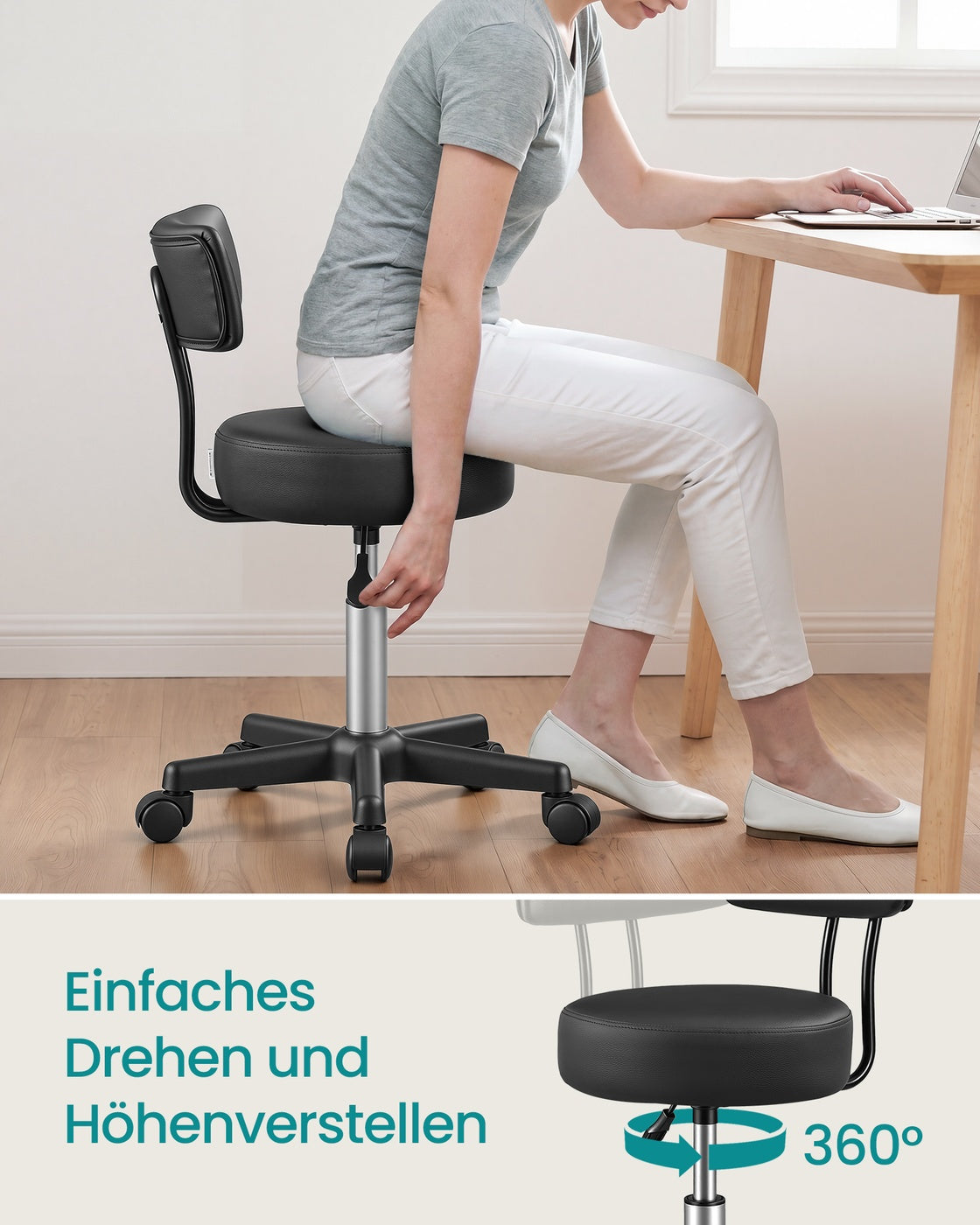 Rollhocker Mit Rückenlehne - Höhenverstellbar - Extra Dickes Komfortkissen