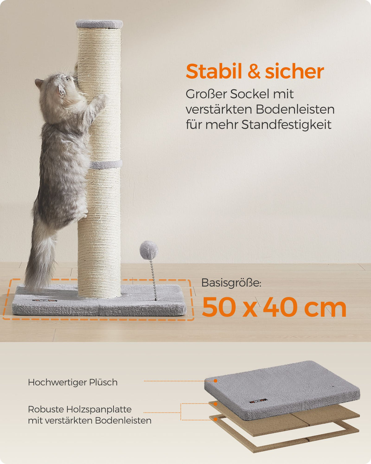 Katzenkratzbaum – 85 cm hoch – Extra dicker Sisalstamm – Stabiler Standfuß – Mit Spielball