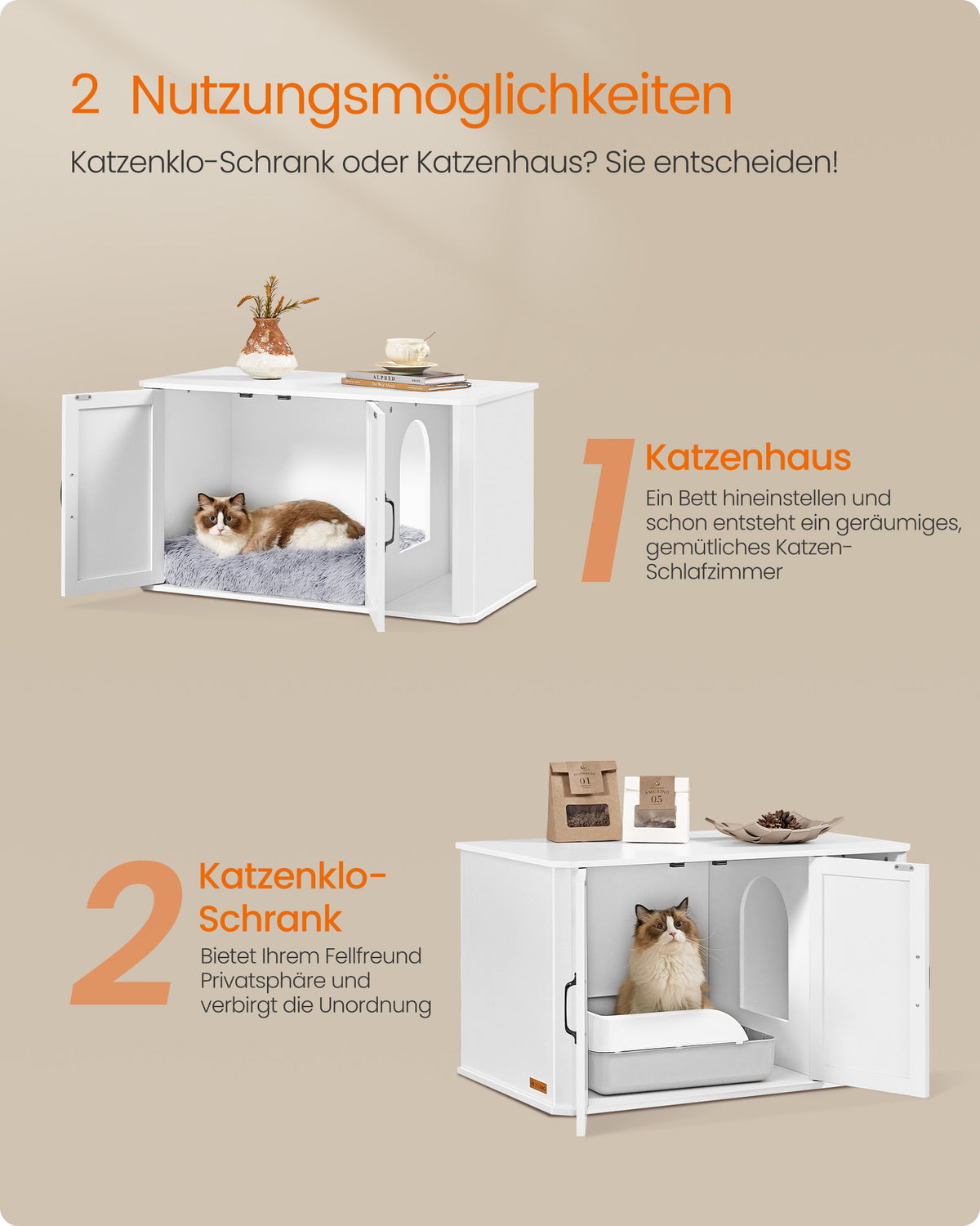 Katzentoilette – Modernes Design – Doppeltür – Griffe – 85 x 48,5 x 50 cm – Spanplatte