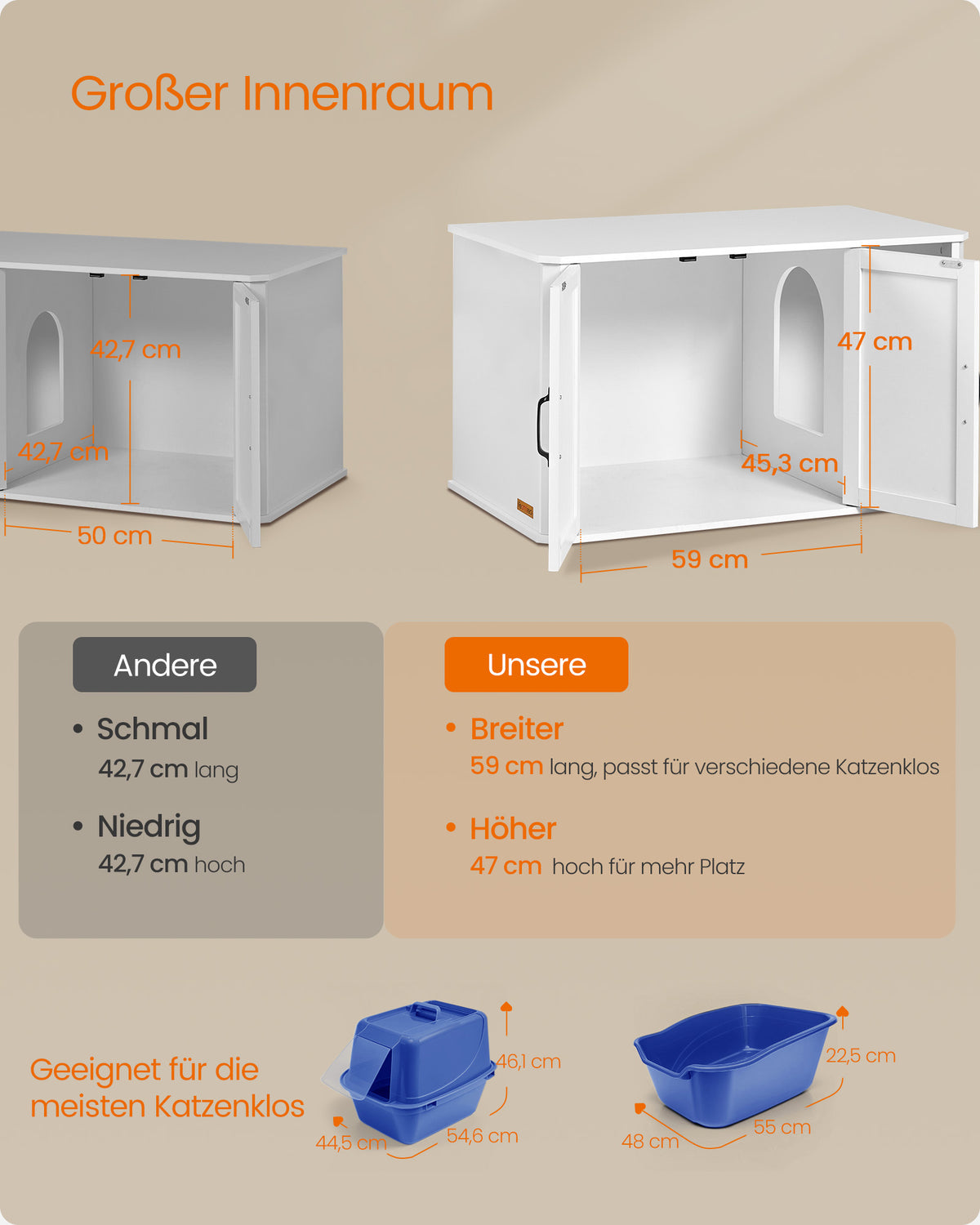Katzentoilette – Modernes Design – Doppeltür – Griffe – 85 x 48,5 x 50 cm – Spanplatte