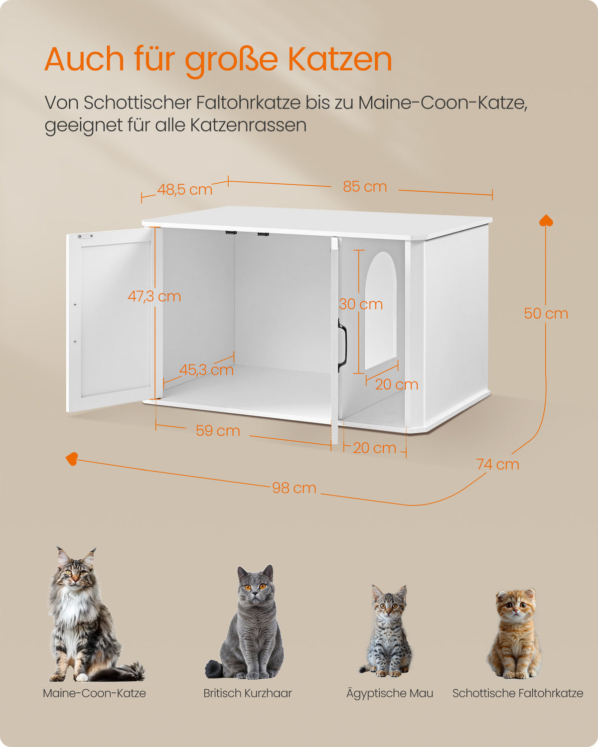 Katzentoilette – Modernes Design – Doppeltür – Griffe – 85 x 48,5 x 50 cm – Spanplatte