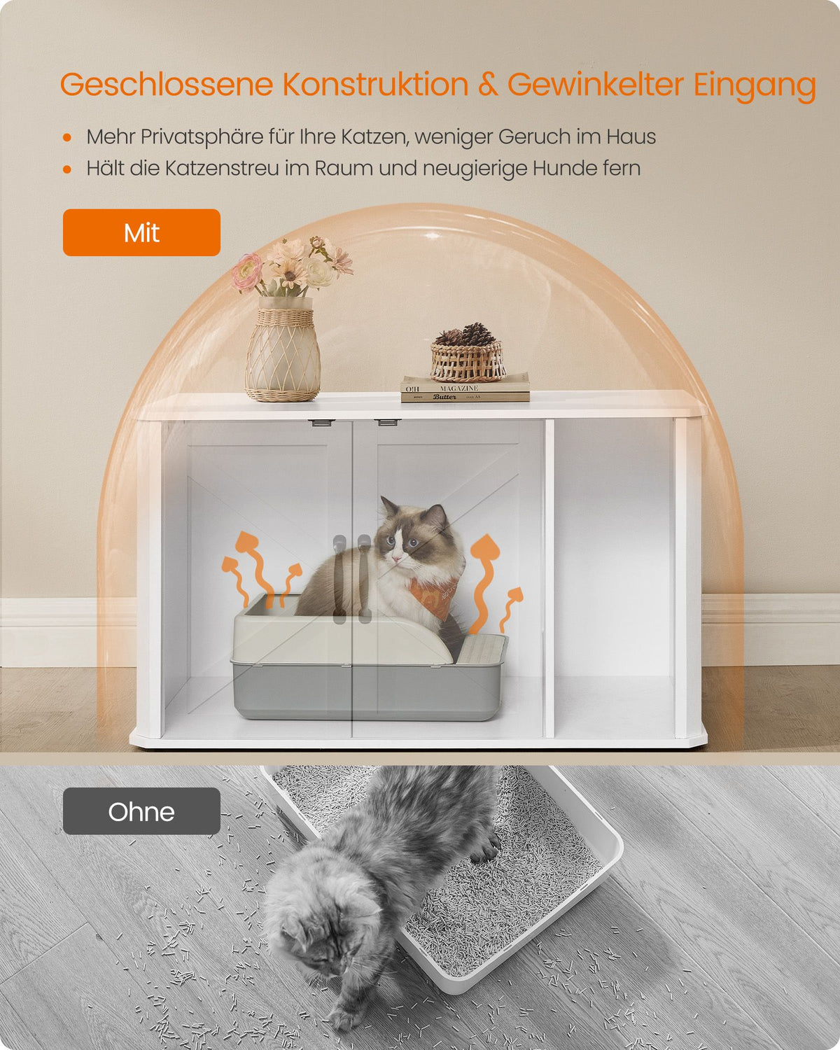 Katzentoilette – Modernes Design – Doppeltür – Griffe – 85 x 48,5 x 50 cm – Spanplatte