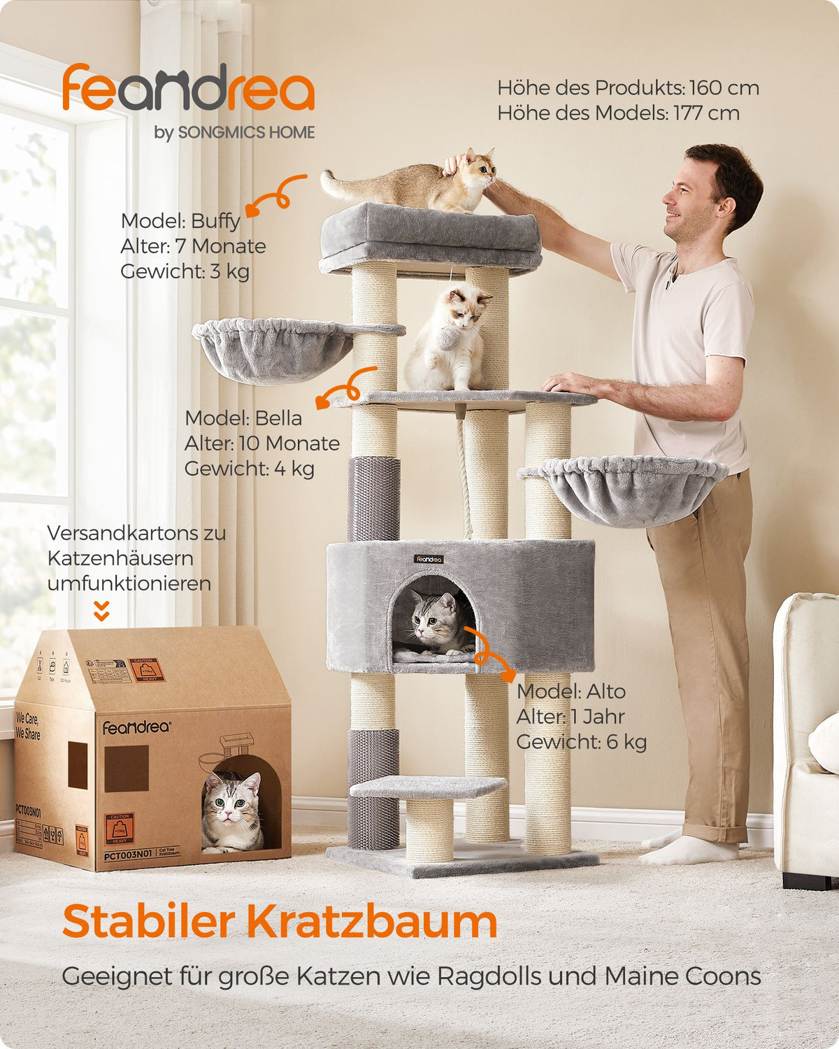 Kratzbaum – Selbstwärmende Decken – Für große Katzen – 2 Katzenbürsten – 9 Stangen Ø 11,1 cm – Große Plattformen – Höhle – 50 x 50 x 160 cm – Max. Belastung 105 kg – Geeignet für bis zu 5 Katzen