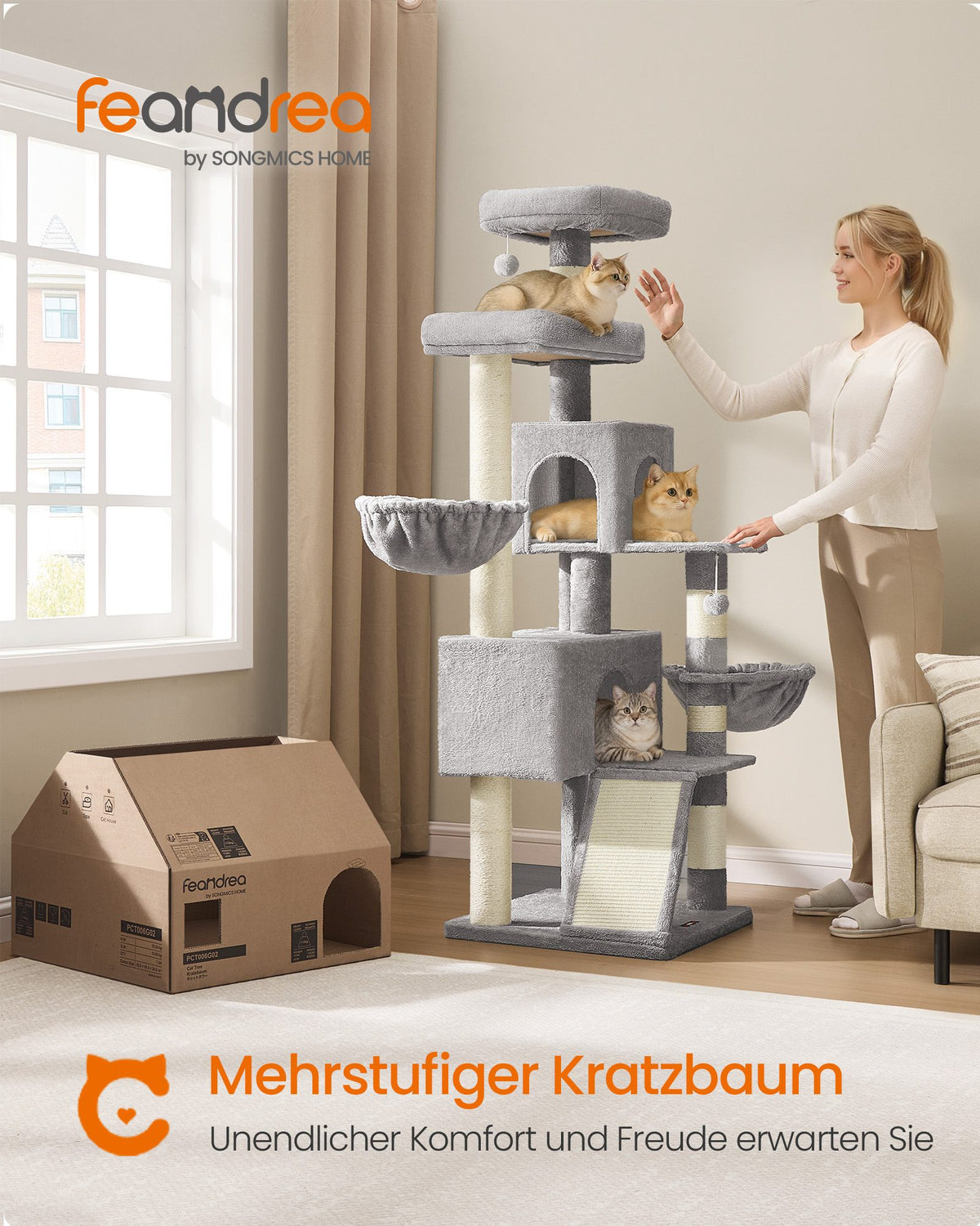 Großer Kratzbaum 174 cm - Mit Geräumiger Plattform Und Doppelter Katzenhöhle - Mit Sisalstämmen