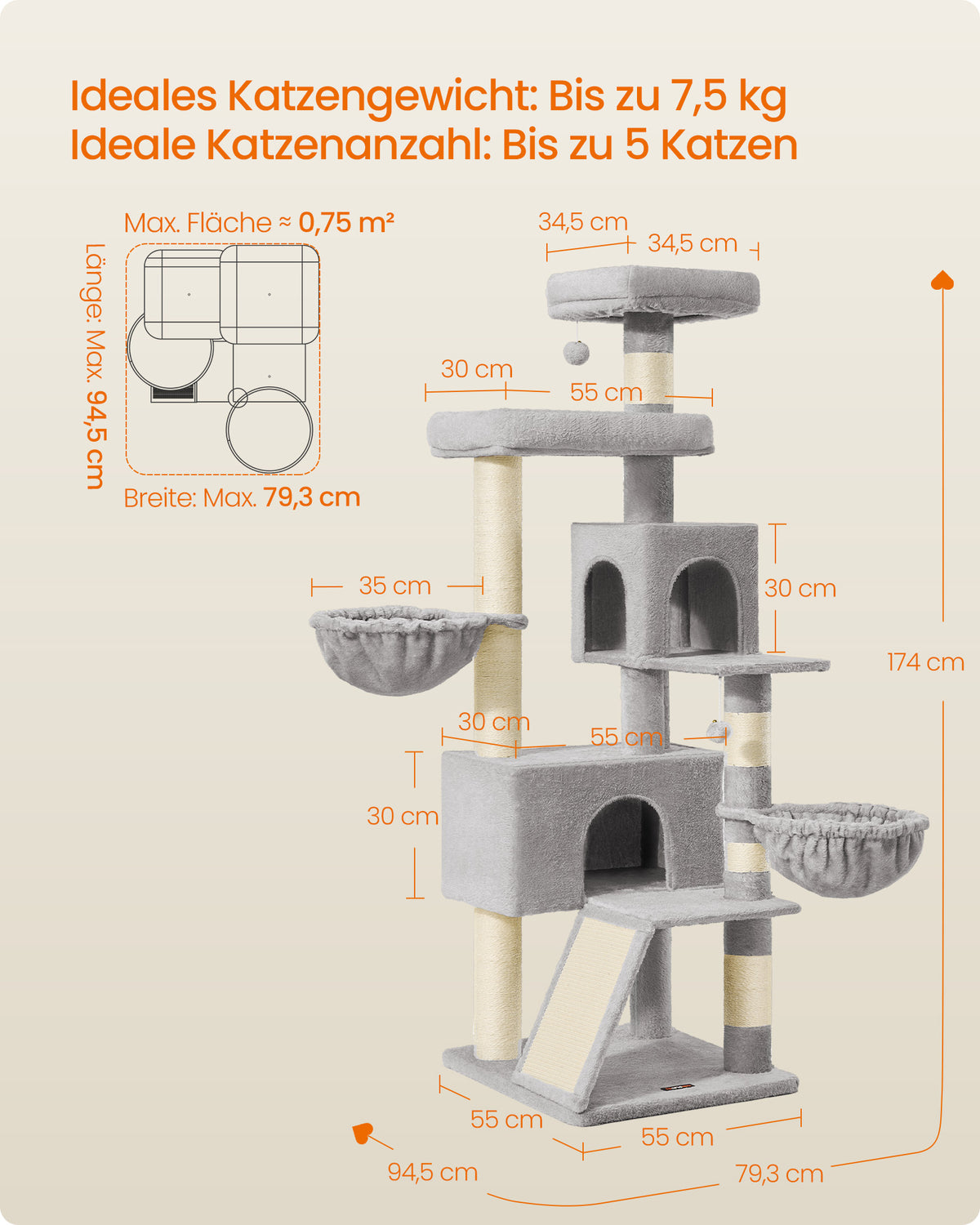 Großer Kratzbaum 174 cm - Mit Geräumiger Plattform Und Doppelter Katzenhöhle - Mit Sisalstämmen