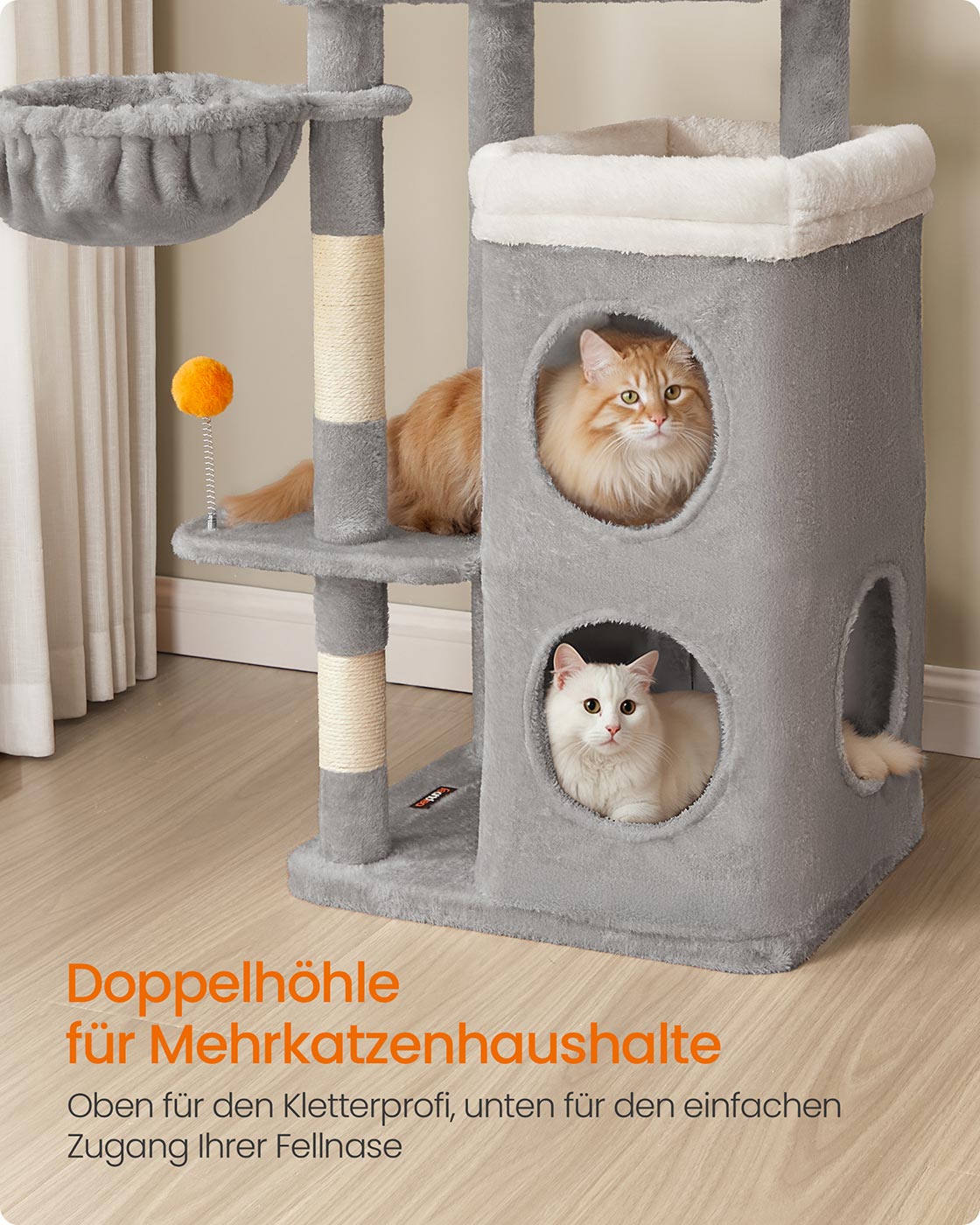 Kratzbaum mit Zwei Katzenhöhlen – 152 cm – Taubengrau – Für mehrere Katzen