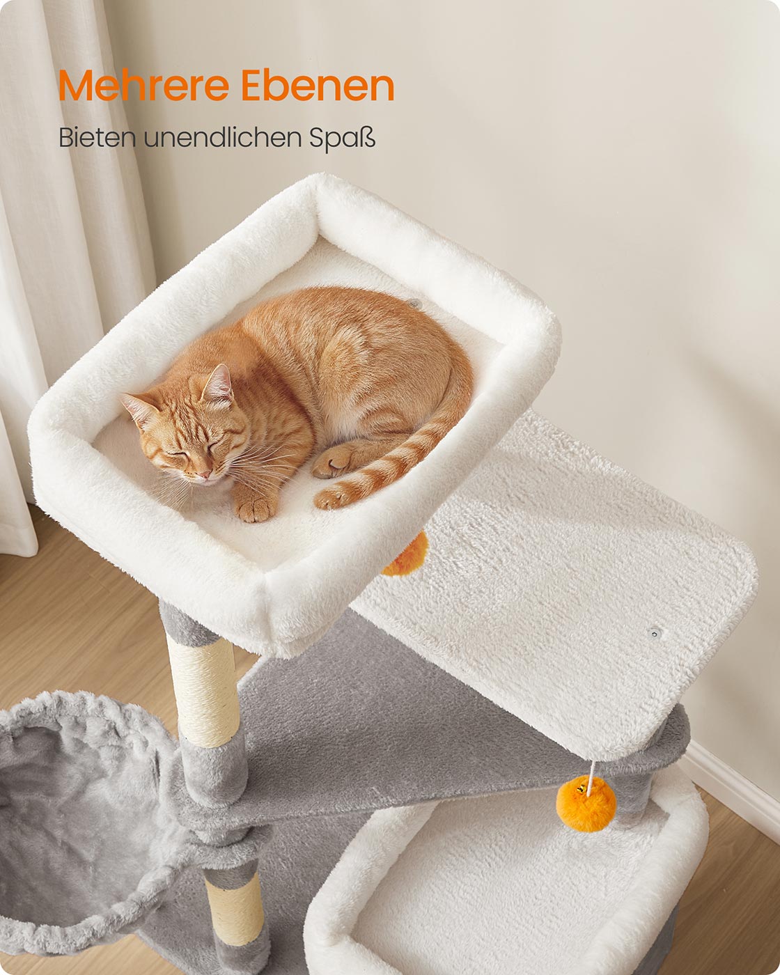Kratzbaum mit Zwei Katzenhöhlen – 152 cm – Taubengrau – Für mehrere Katzen