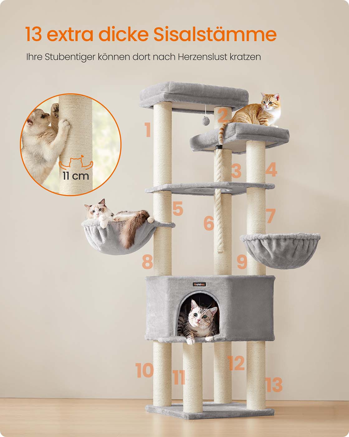 Katzenkratzbaum – XXL-Kratzmöbel mit 13 Kratzstämmen – 187 cm hoch