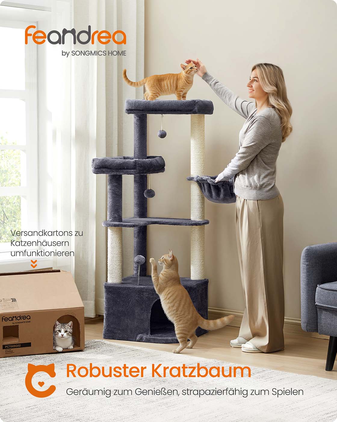 Katzenkratzbaum – mit Korb, Höhle und Spielbällen – 140 cm hoch