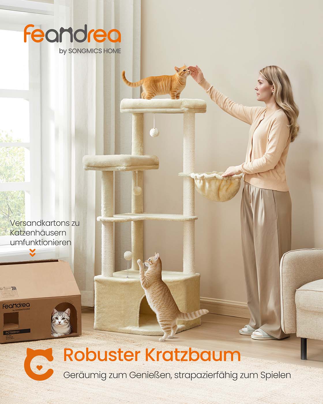 Katzenkratzbaum – mit Korb, Höhle und Spielbällen – 140 cm hoch