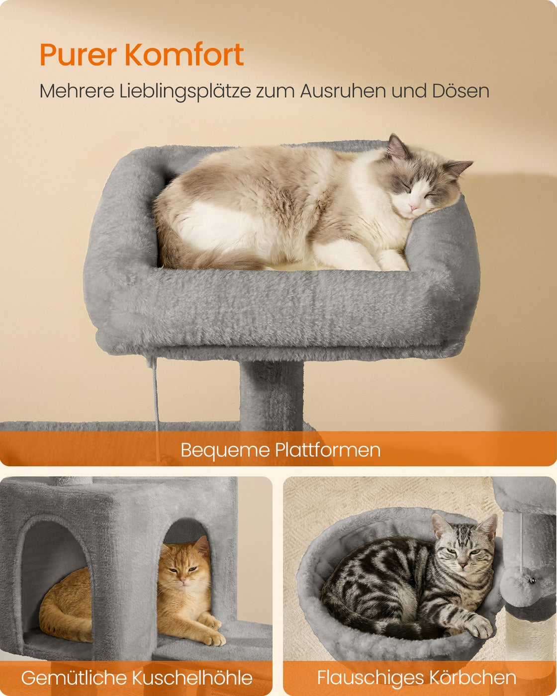 Kratzbaum 136 cm – 3 Plattformen + 4 Sisalstangen + Gemütliche Höhle – Katzenturm Für Mehrere Katzen