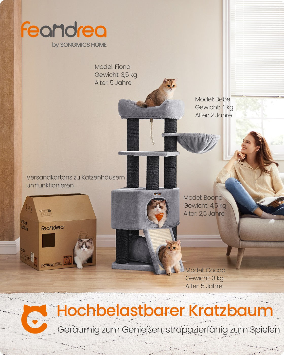 Kratzbaum mit Spieltunnel - Katzenturm mit Hängematte - Katzenbaum mit Plüsch-Liegeflächen