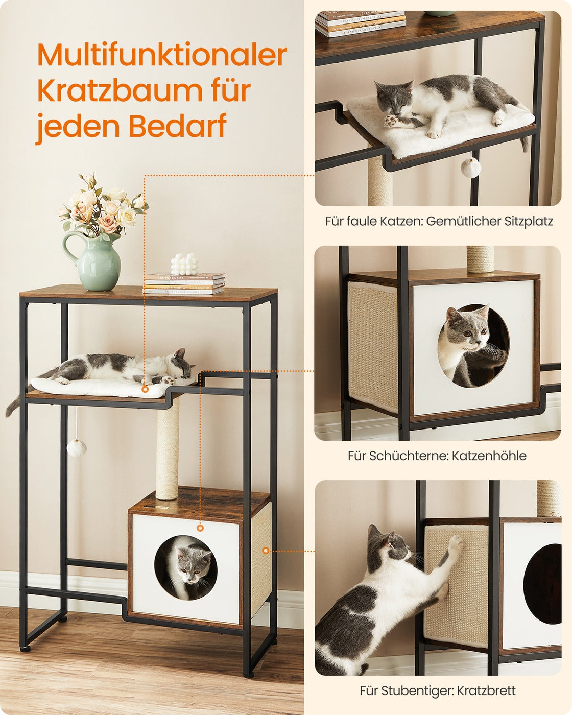 Kratzbaumschrank mit Kratzfunktion – Mit Plattform, Kissen, Höhle und Ablageschale – 114 cm hoch