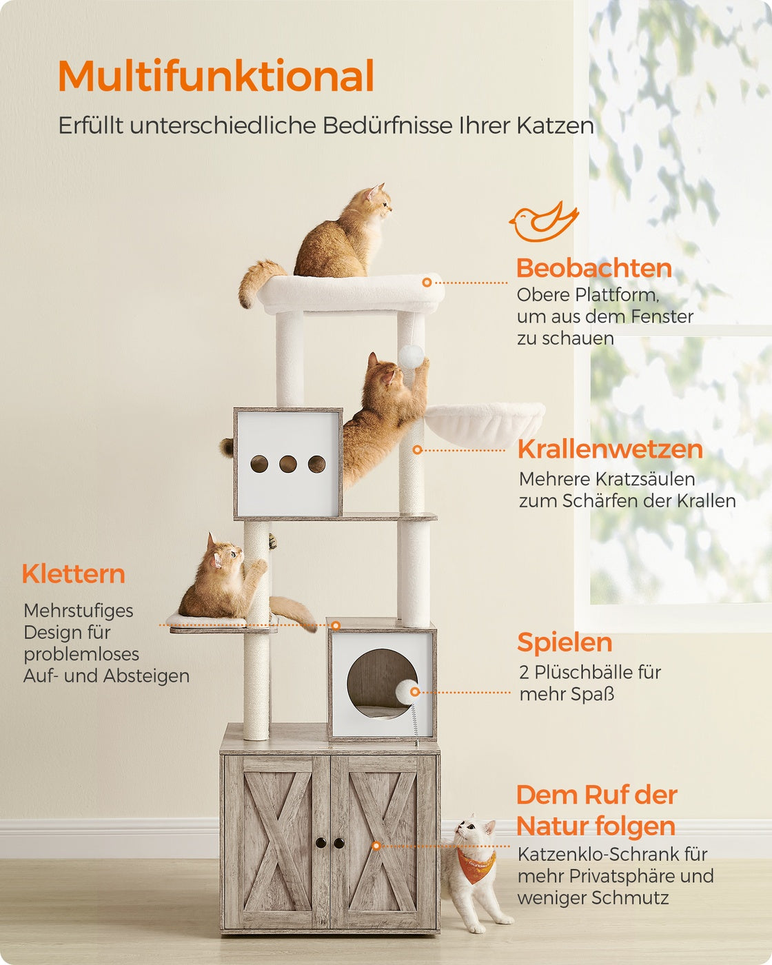Kratzbaum – Integrierte Katzentoilette – 178 cm Hoch – Spanplatte – Plüsch – Sisal – 100 x 61 x 178 cm
