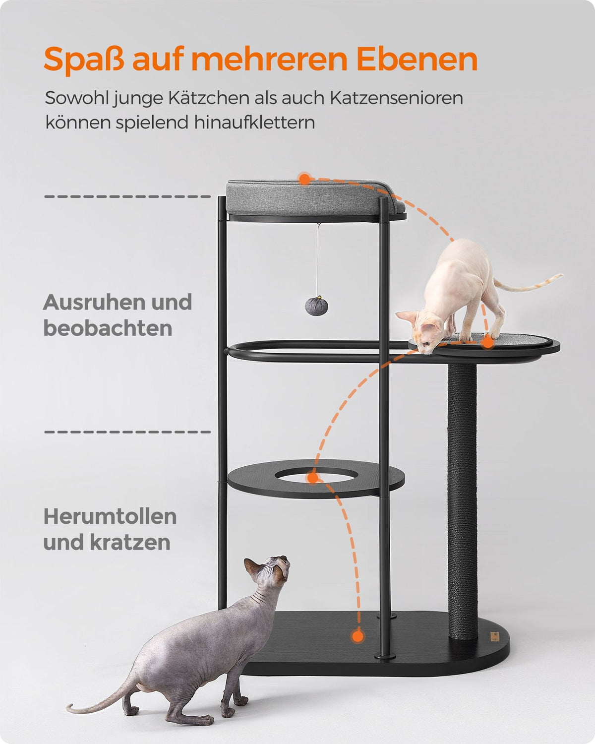 Kratzbaum – 111 cm hoch – Metallrohre – Kissen und Plattform – Sisalstange – Katzenspielball – 80 x 43 cm – Für kleine, große und alte Katzen – Tragkraft 60 kg