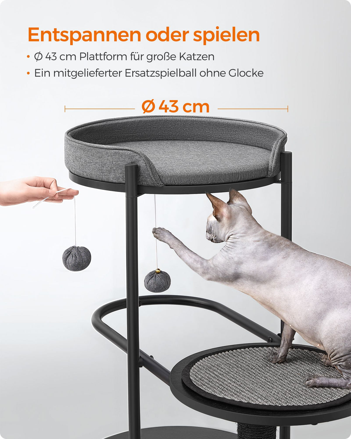 Kratzbaum – 111 cm hoch – Metallrohre – Kissen und Plattform – Sisalstange – Katzenspielball – 80 x 43 cm – Für kleine, große und alte Katzen – Tragkraft 60 kg