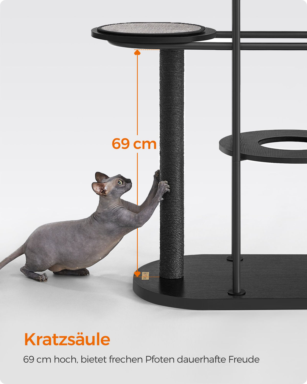 Kratzbaum – 111 cm hoch – Metallrohre – Kissen und Plattform – Sisalstange – Katzenspielball – 80 x 43 cm – Für kleine, große und alte Katzen – Tragkraft 60 kg