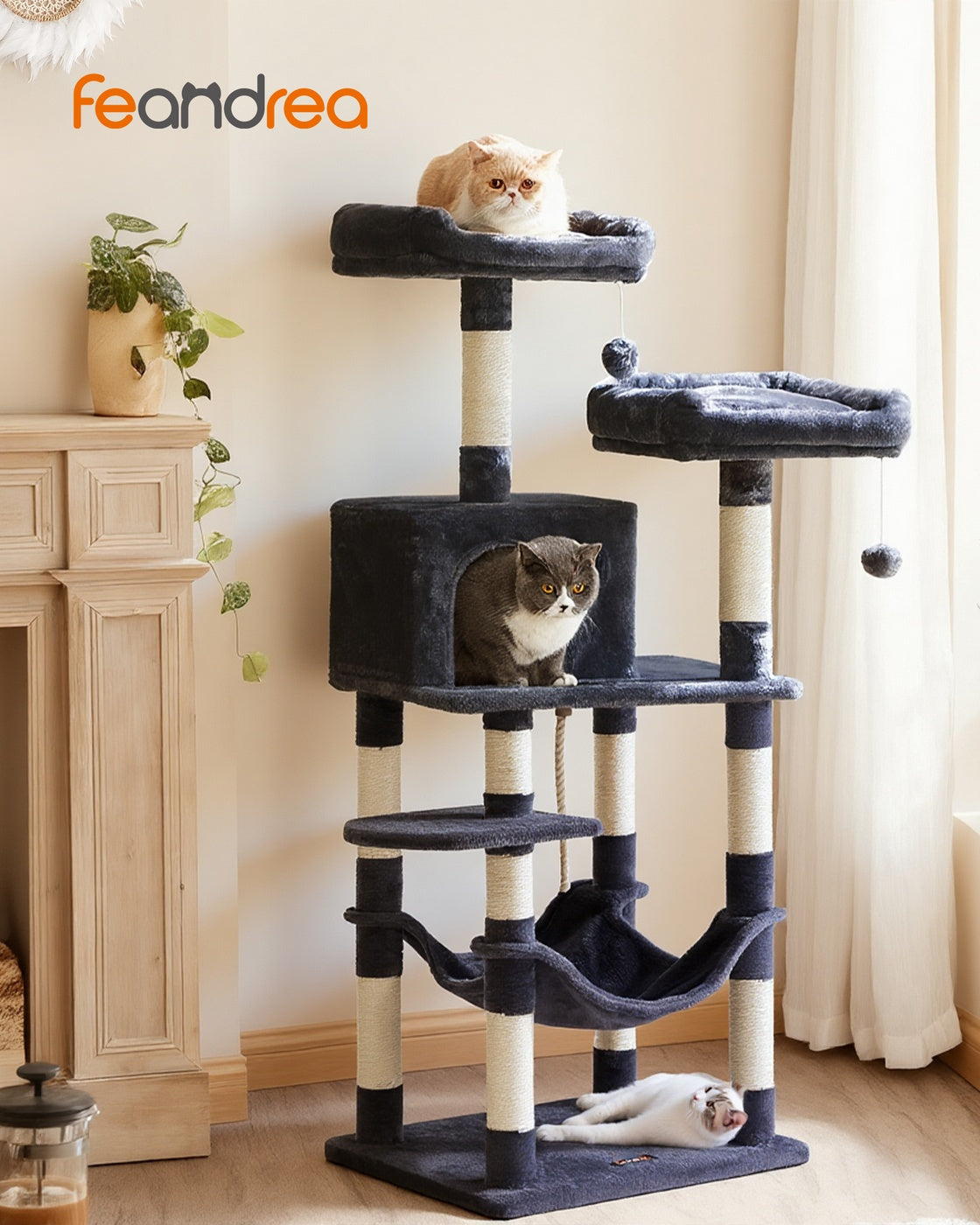 Katzenkratzbaum mit Hängematte und Aussichtsplattformen – Komfortabler und stabiler Kratzturm für 1 bis 2 Katzen