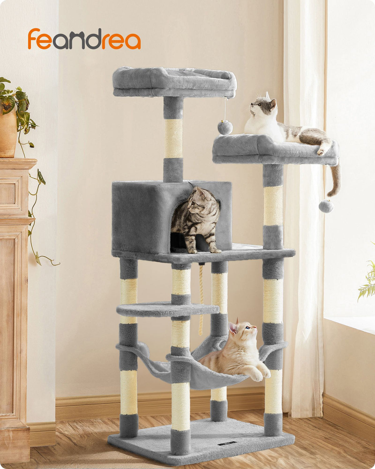 Katzenkratzbaum mit Hängematte und Aussichtsplattformen – Komfortabler und stabiler Kratzturm für 1 bis 2 Katzen