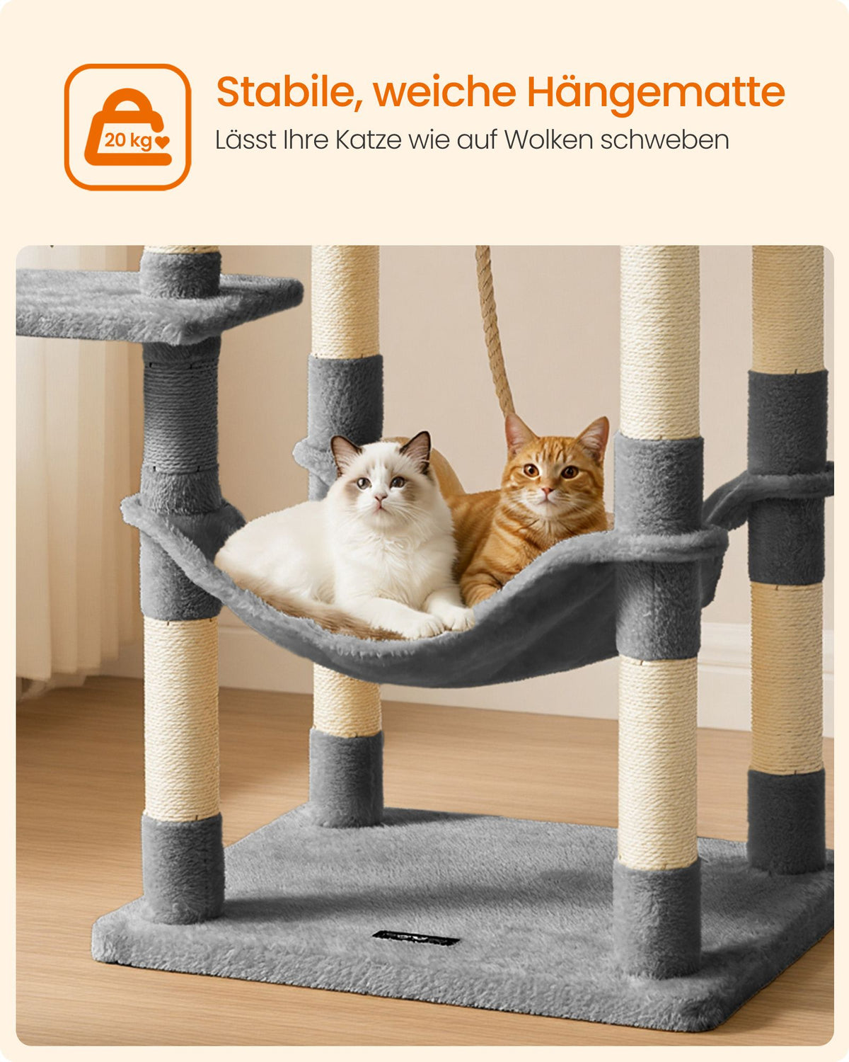 Katzenkratzbaum mit Hängematte und Aussichtsplattformen – Komfortabler und stabiler Kratzturm für 1 bis 2 Katzen