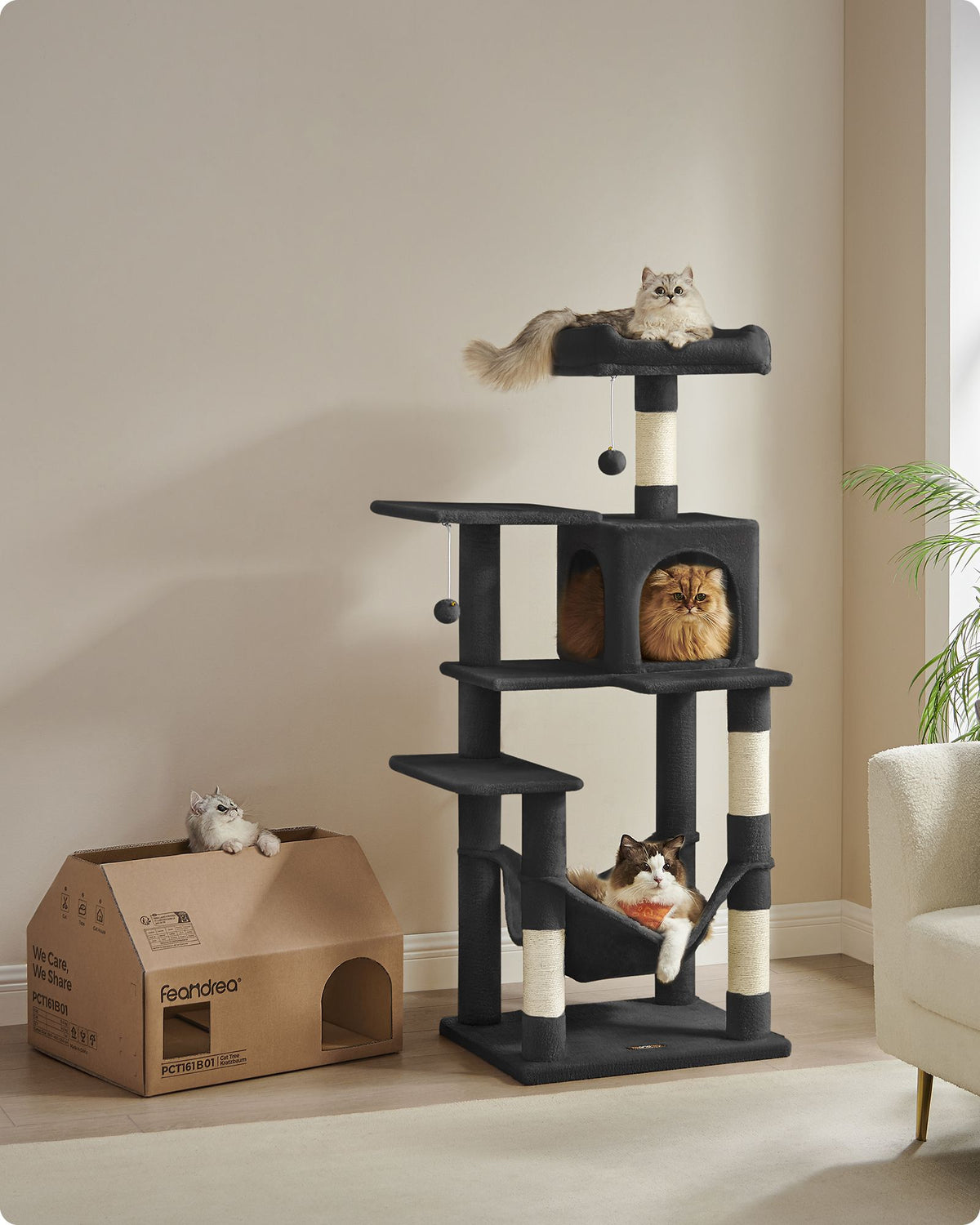 Katzenkratzbaum – Mit Hängematte, Kuschelhöhle und Spielball – 143 cm hoch – Für 1-4 Katzen