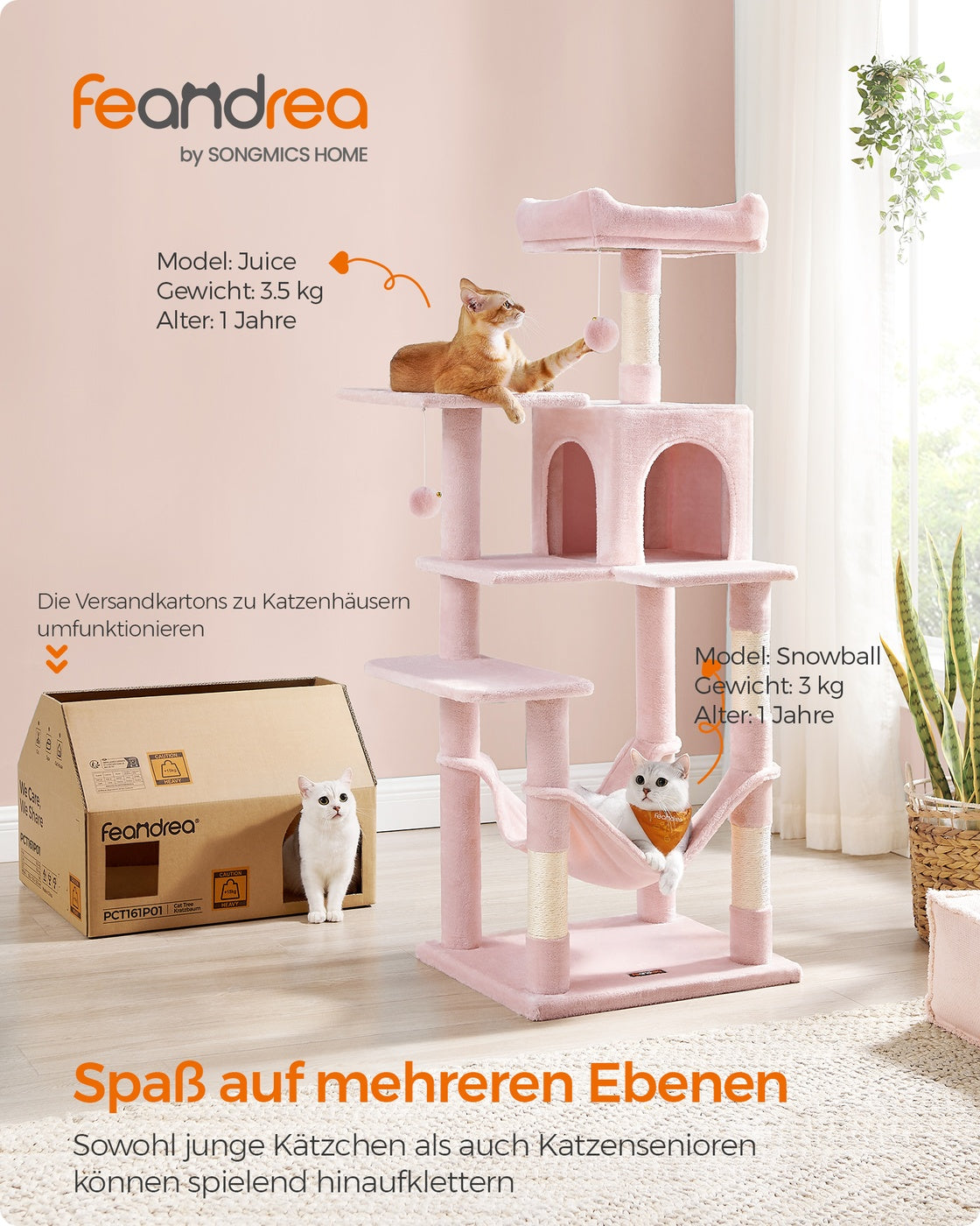Katzenkratzbaum – Mit Hängematte, Kuschelhöhle und Spielball – 143 cm hoch – Für 1-4 Katzen