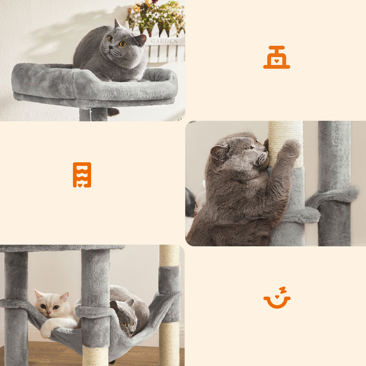 Katzenkratzbaum – Mit Hängematte, Kuschelhöhle und Spielball – 143 cm hoch – Für 1-4 Katzen