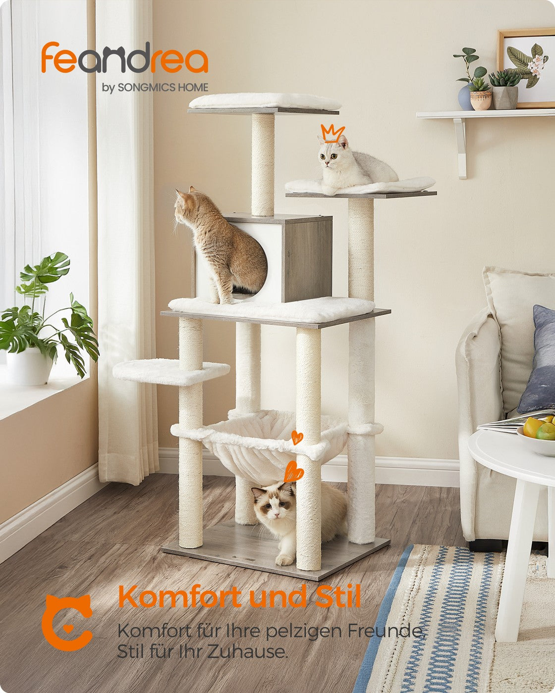 Katzenkratzbaum mit Hängematte und Katzenhaus – Modernes Design in Grau und Weiß – Komfortables und langlebiges Spielparadies