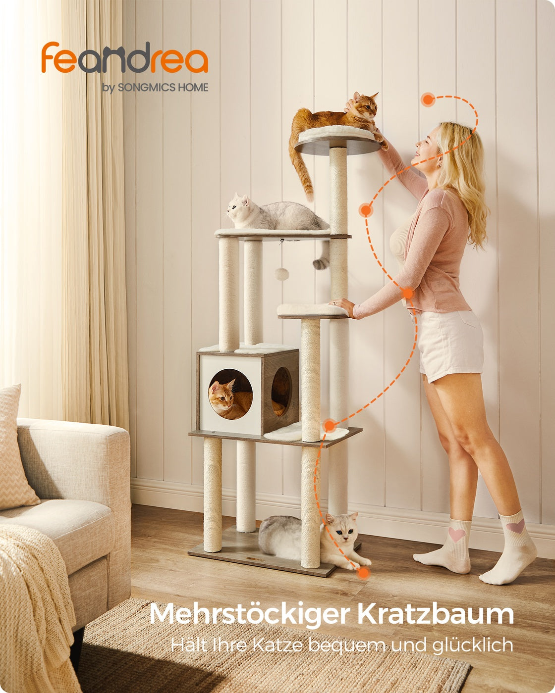 Moderner Katzenbaum 165 cm – Stilvolles Katzenmöbel mit weichen Kissen, Kratzstämmen und abnehmbaren Bezügen
