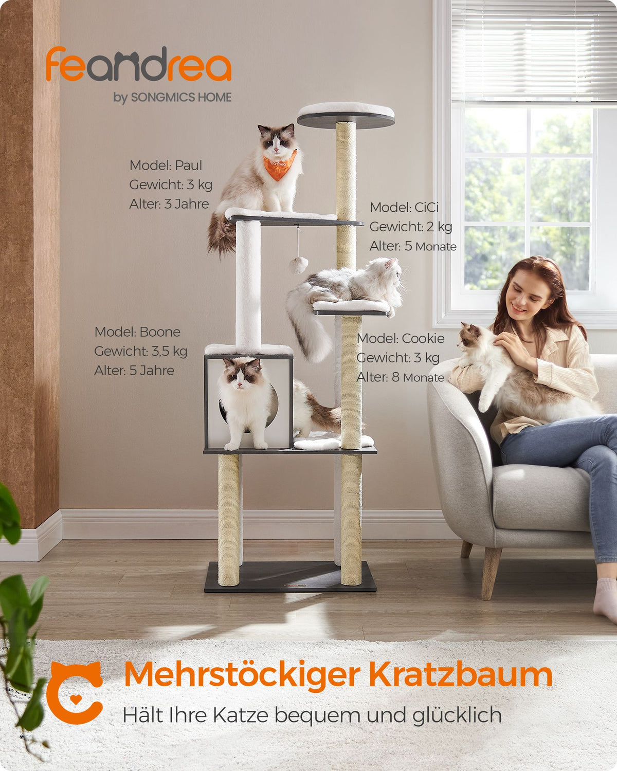 Moderner Katzenbaum 165 cm – Stilvolles Katzenmöbel mit weichen Kissen, Kratzstämmen und abnehmbaren Bezügen
