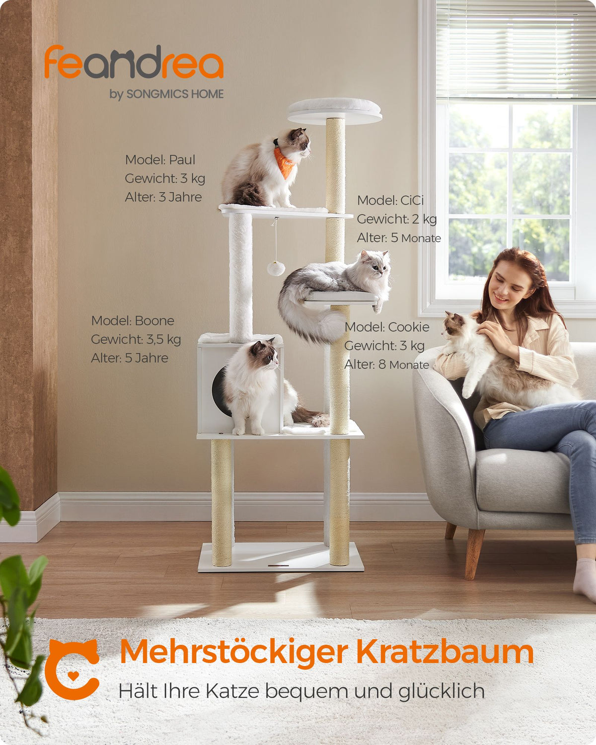 Moderner Katzenbaum 165 cm – Stilvolles Katzenmöbel mit weichen Kissen, Kratzstämmen und abnehmbaren Bezügen