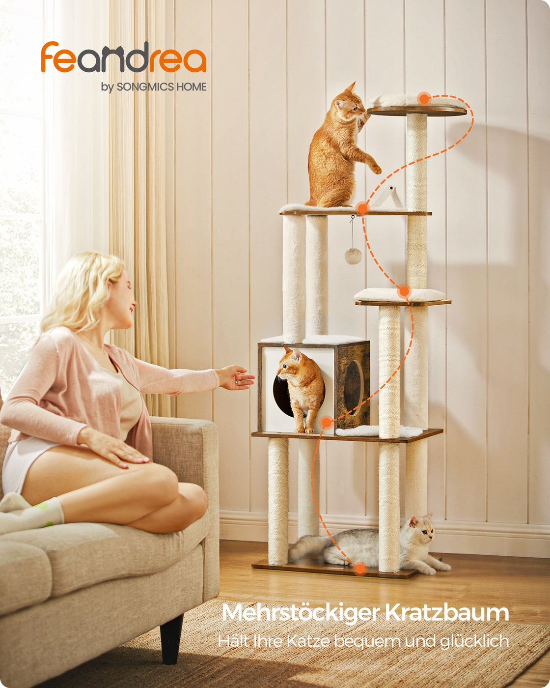 Moderner Katzenbaum 165 cm – Stilvolles Katzenmöbel mit weichen Kissen, Kratzstämmen und abnehmbaren Bezügen